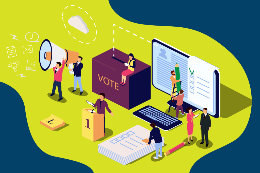 Isometric illustration of people interacting with oversized voting objects.